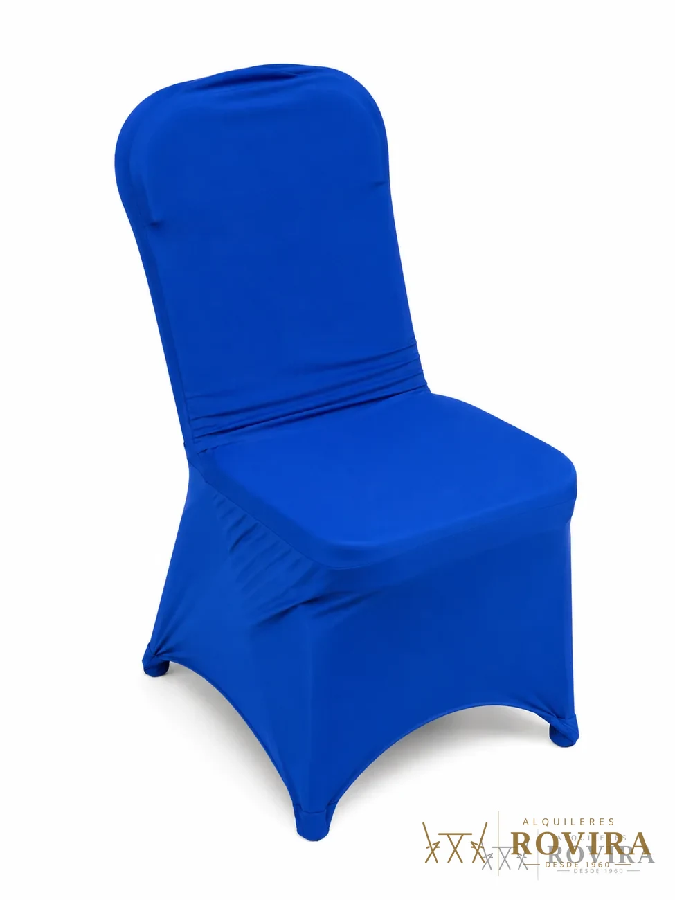 Forro spandex azul rey para silla plegable, foto de producto sobre fondo blanco